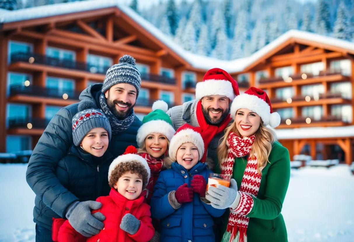 En festlig familie nyder en snefyldt juleferie omgivet af et hyggeligt alt inklusive resort leveret af Sunweb